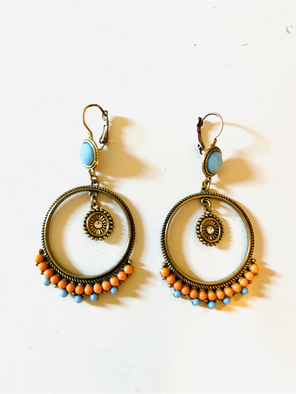 Bohemian Blue & Orange Hoop Drop Bronze Tone Earrings